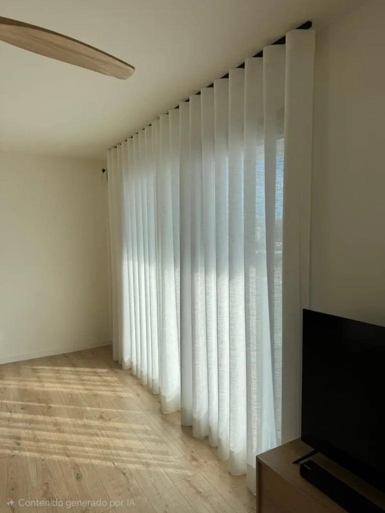 - Detalle de confección en onda perfecta con riel manual negro en proyecto textil de Etamin